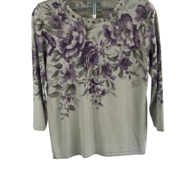 Alfred Dunner Tops - Women’s Floral Glitter Knit Top with Embellished Neckline - Purple/Gray